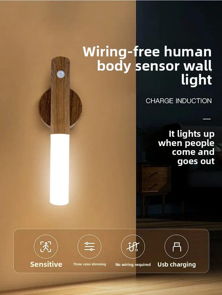 Automatic Night Light Motion Sensor Rechargeable 3-Mode LED Wall Light Human Body Induction Light for Bedroom Bathroom Hallway