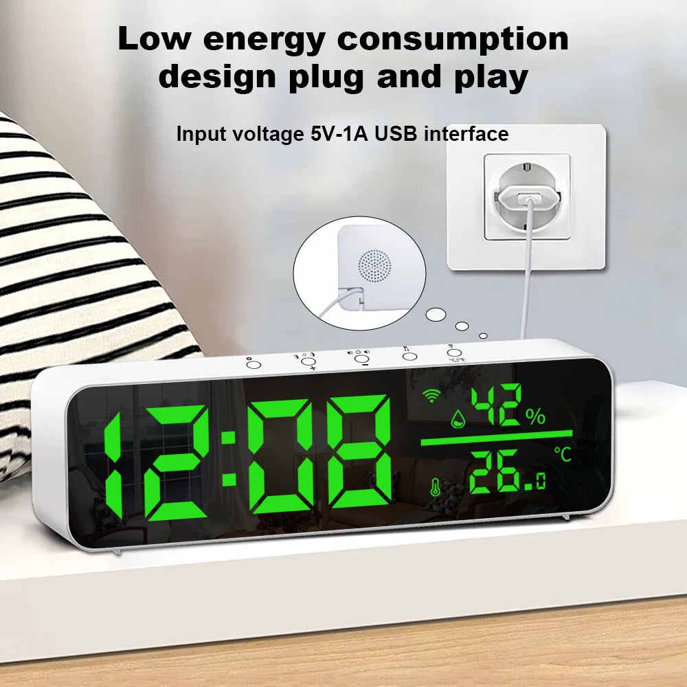 Tuya WiFi Temperature Humidity Sensor Support Time Alarm Clock Display USB Desktop Mirror LED Clocks for Living Room Decoration