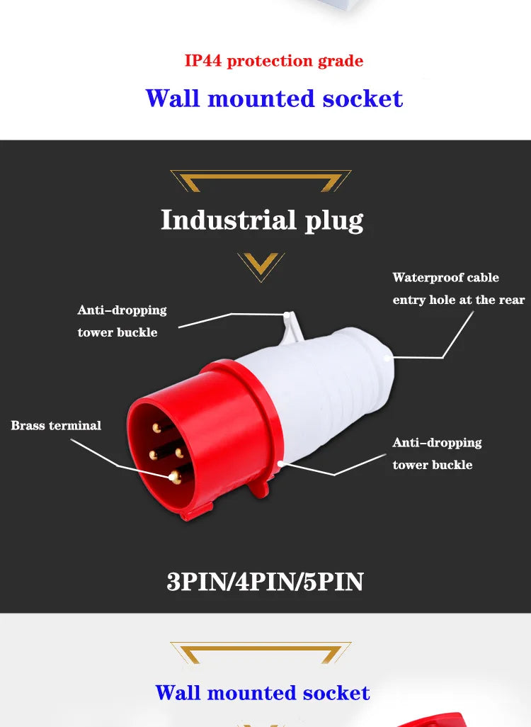 IP44 Industrial Plug and Socket Waterproof Connector 3PIN 4PIN 5PIN 16A/32A  Waterproof Electrical Connection Wall Mount Socket