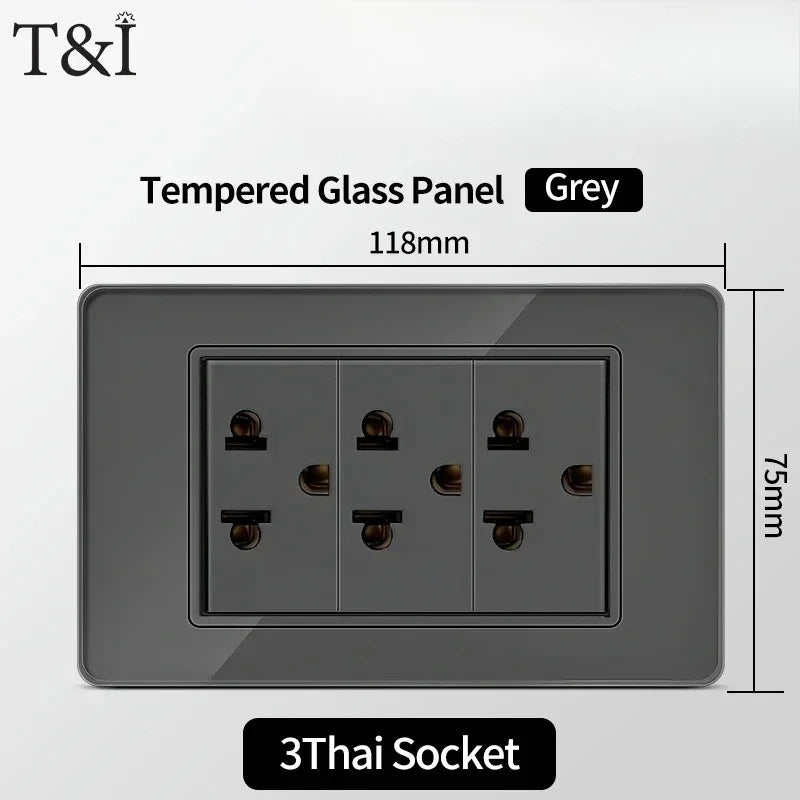 118*75mm Tempered Glass Socket US Wall Socket Grey Thai USB Socket Plug with Dual USB Type-C Ports,Light Switch 110V