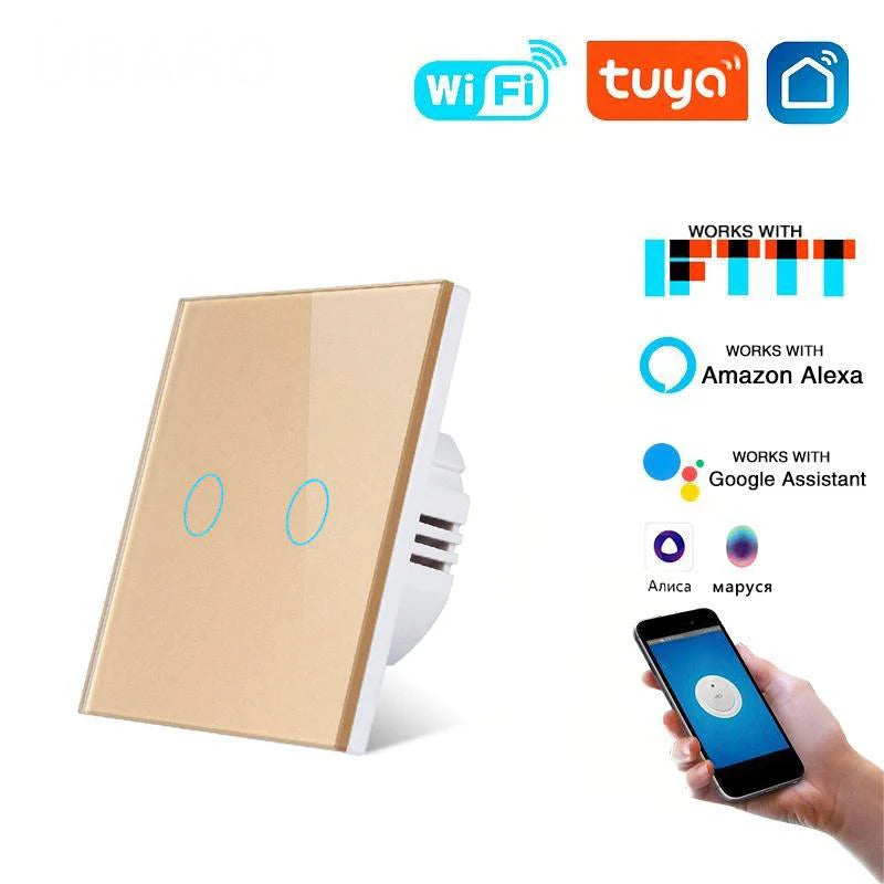 Tuya WiFi Smart Touch Switch 1/2/3/4 Gang 2-Way Control EU Glass Panel Light Switch Neutral Wire Alexa Google Voice Control Time