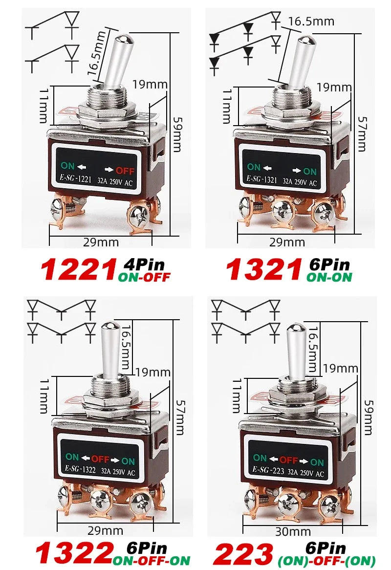2/3/4/6/8/9/12Pin E-SG Toggle Switch 32A 250VAC Rocker Switch Self-Locking E-SG Power Switch with Brass Screw Foot Pin