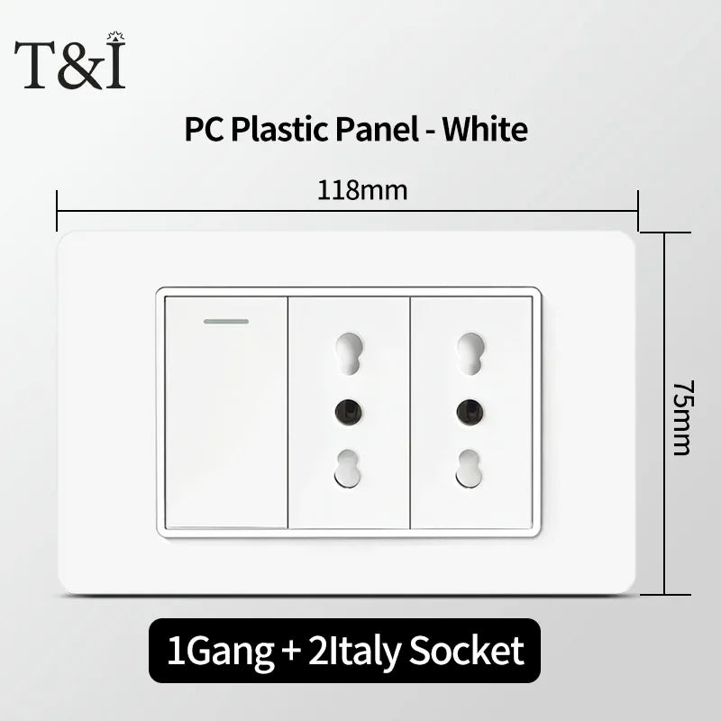 118 PC Plastic Panel Socket USB Type-C 20W Fast Charging Italy Chile Smart Wall Outlet Plug White Light Switch Home Office