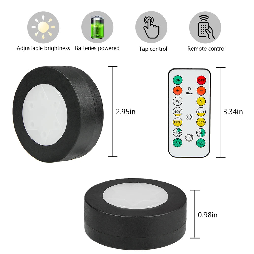 1-6Pcs Black CCT Round LED Under Cabinet Closet Light Furniture Dimmable Wardrobe Lamp Warmwhite White 3000-6500K Remote Control
