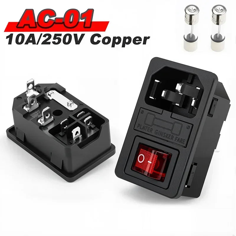 5/20Pcs AC-01 10A Fuse Rocker Switch AC Power Socket ON OFF AC Switches AC01 AC Electrical Connector with Red Lamp
