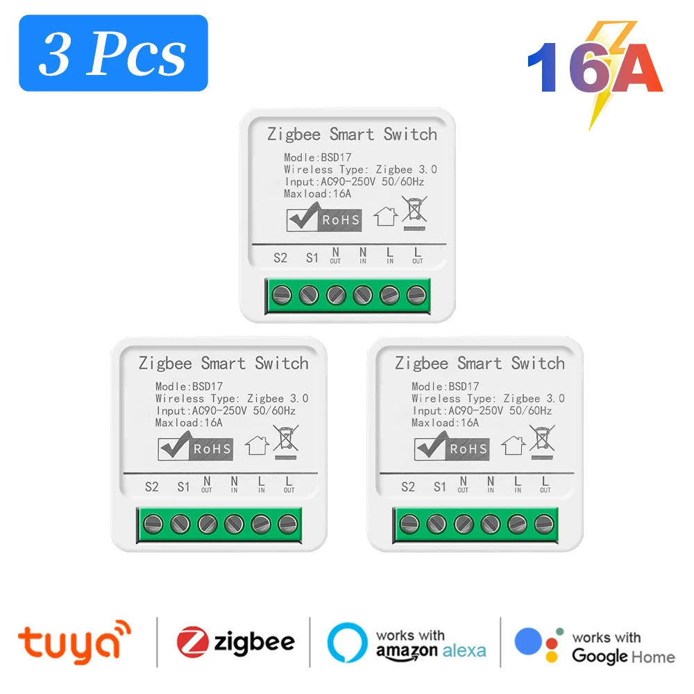 Smart ZigBee3.0 Light Switch Module 16A MiNi DIY Breaker Switch Supports 2 Way Control App Remote Control for Alexa Google Home