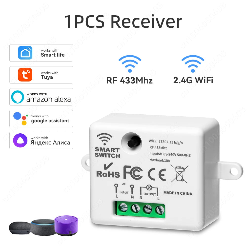 Tuya Smart Home Wifi RF433 Mhz Switch 1/2/3gang Button Switch Strong Signal Wiring-free Remote Control  Works with Alexa Google