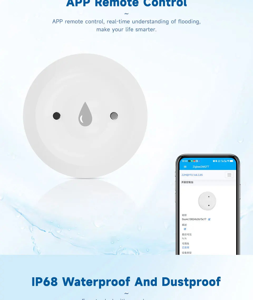 Zigbee Water Flood Sensor Leak Detector Home Security Alarm Remote Monitor Works with Home Assistant Zigbee2MQTT
