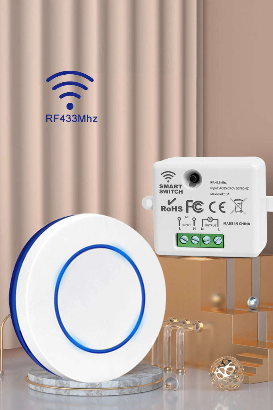 433MHz Wireless Remote Control Light Switch 10A 100-240V Relay Controller Mini Round Button Wall Panel Switch For Lighting Led