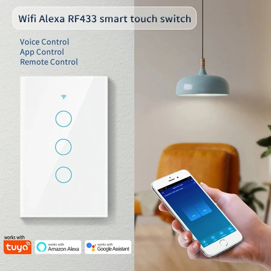 Tuya WiFi US Smart Light Switch Wall Touch Switch  Neutral wire/No Neutral wire Required 120 Type Work with Alexa, Google Home