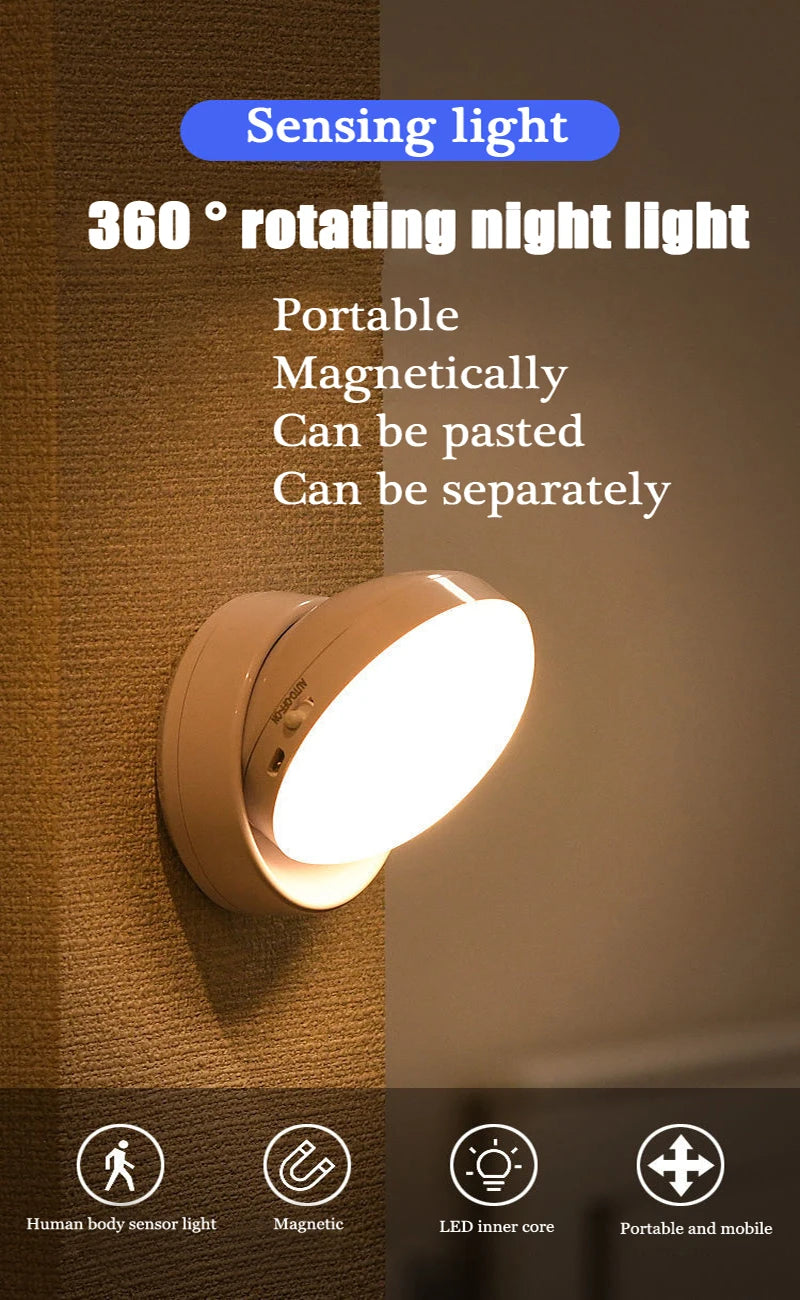 360° PIR Motion Sensing Light Round Energy Saving Bedroom USB Rechargeable Night Lamp Closet Bedside Stairs Induction Smart Lamp