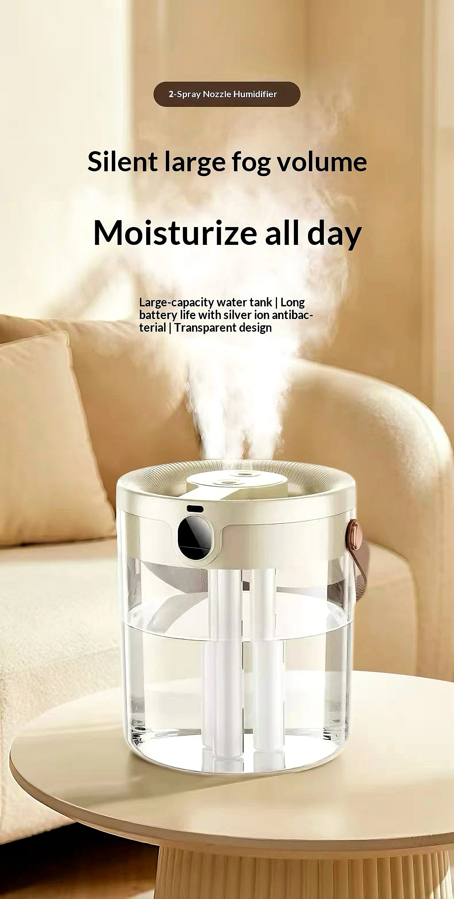 Smart 3 Spray Humidifier Digital Display Silent Large Volume Air Purifier Night Light Portable Desktop Home Bedroom Humidifier