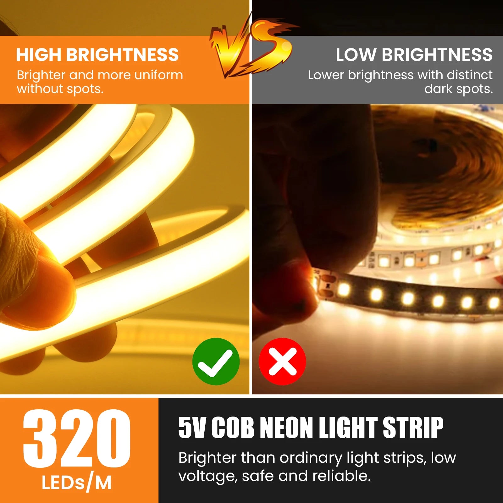 DC5V COB LED Strip With Switch 320Leds/m Flexible Neon Light USB Power Waterproof FOB LED Lights 3000K-6000K Ribbon Tape