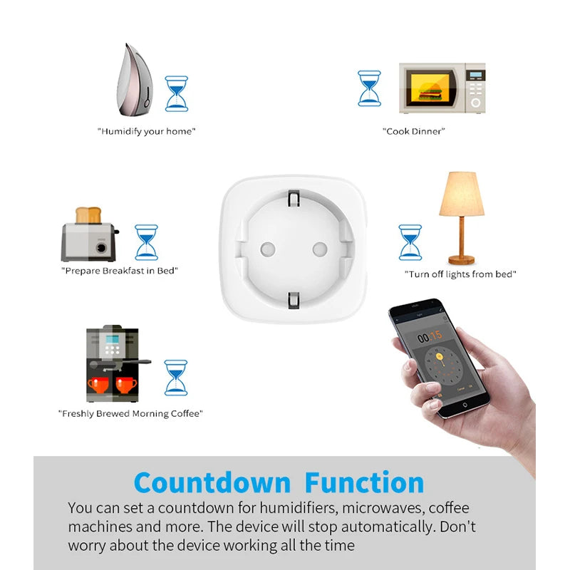 Works with Tuya Smart Life App Wifi Plug 20A Smart Socket EU Power Monitor Remote Control Outlet Works with Alexa Google Home