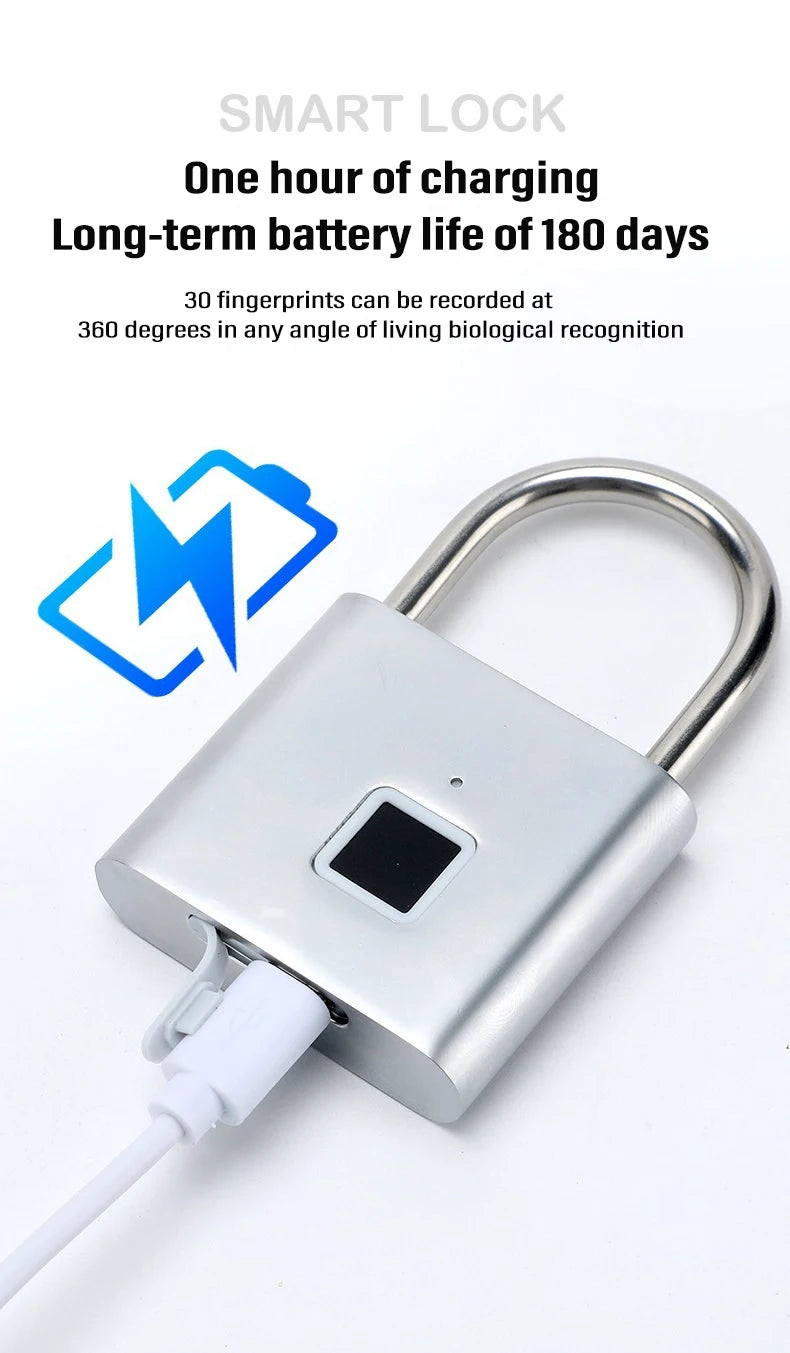 Smart Fingerprint Padlock Keyless Waterproof Zinc Alloy Biometric Padlocks USB Charging Fingerprint Lock Anti-theft Door Lock