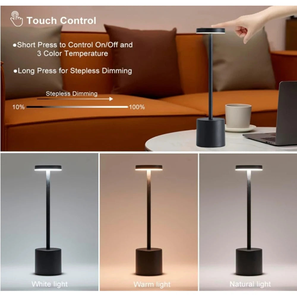 LED Metal Desk Lamp 3-Color Touch Control Adjustable Brightness USB Rechargeable Portable  Bedroom Living Room Bar Decoration