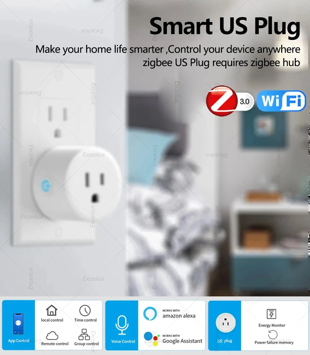 Tuya WiFi Or Zigbee Smart Socket US Plug 16A With Power Monitoring Timing Function WiFi Outlets Works With Alexa Home Assistant