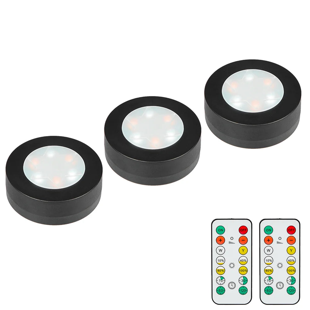 1-6Pcs Black CCT Round LED Under Cabinet Closet Light Furniture Dimmable Wardrobe Lamp Warmwhite White 3000-6500K Remote Control