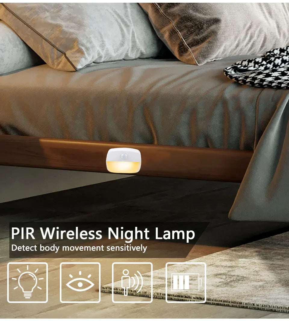 Wireless LED Motion Sensor Night Light Plug In Motion Detector Bedroom Staircase Closet Bedside Night Lamp 220V Battery Powered