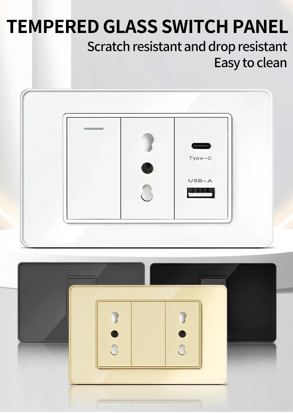 118 Series Black Tempered Glass Wall Switch Socket Italy Standard 16A Outlet with USB Type-C 20W Fast Charging for Home Office