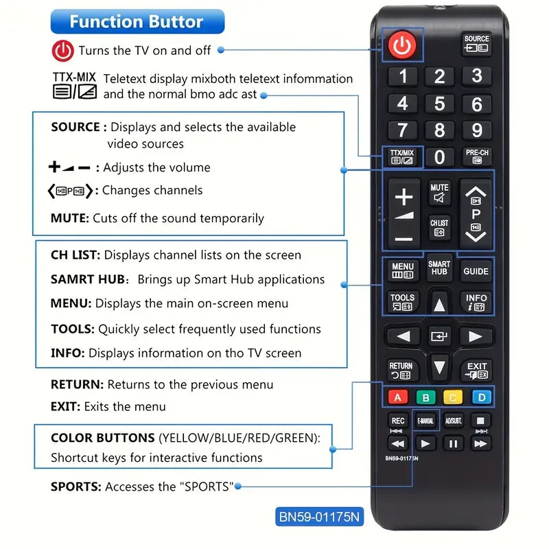 TV Remote Control For Samsung, BN59-01175N TV Remote Control Compatible With Samsung TV Model Samsung LCD TV UE40H6470SSXZG
