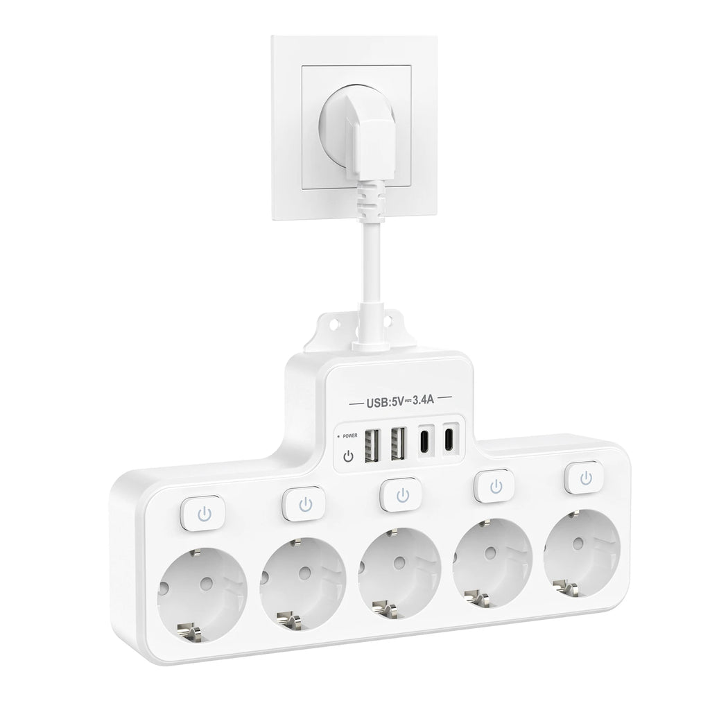 4000W 16A EU Multi-Contact Plug Power Plate Multi-Function Socket with 4 USB Fast Charging Ports 5 AC Power Jacks