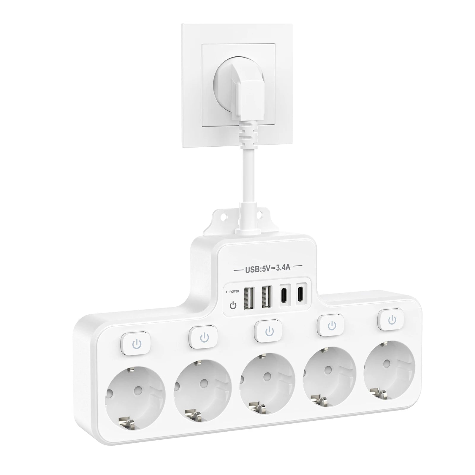 4000W 16A EU Multi-Contact Plug Power Plate Multi-Function Socket with 4 USB Fast Charging Ports 5 AC Power Jacks