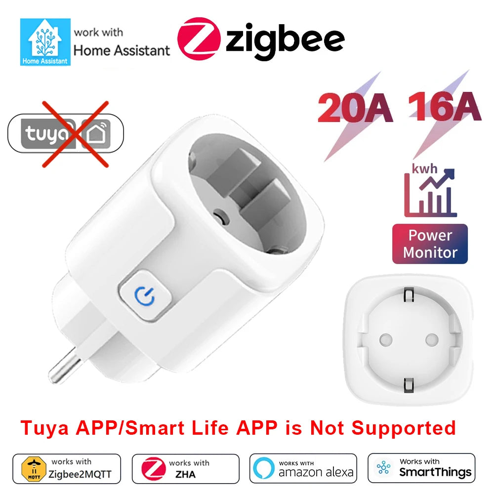 Home Assistant ZigBee Smart Plug 20A/16A EU Smart Socket with Power Monitor App Voice Control Works with Alexa Google Home Z2M