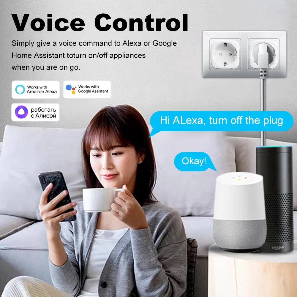 20A AC100-240V Wifi Smart Plug Smart Socket EU Power Monitor Outlet Alexa Google Home Voice Control Tuya Smart Life APP