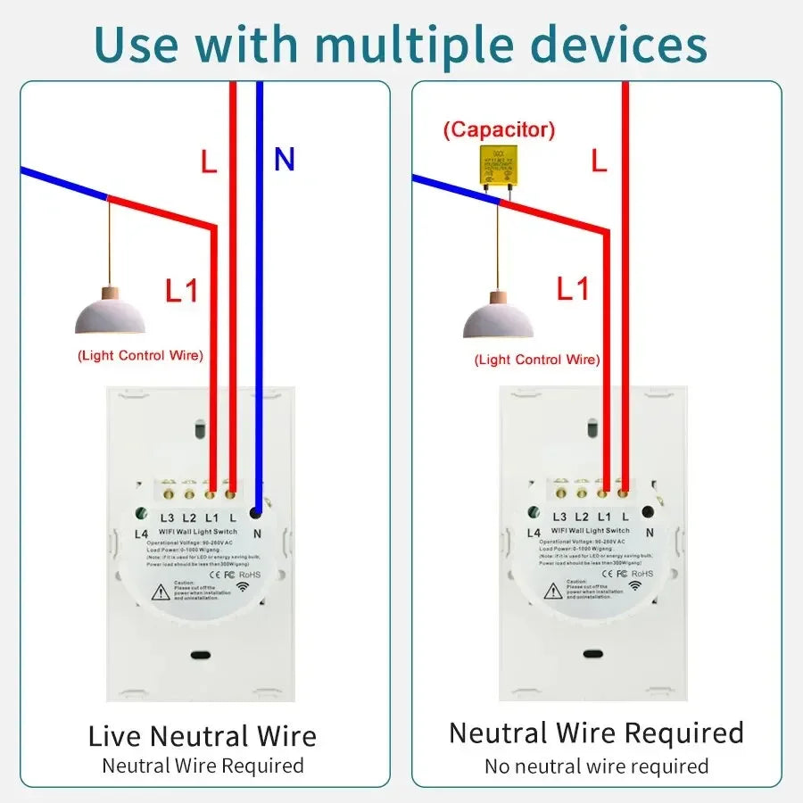 Tuya WiFi Smart Home Light Switch RF433 Neutral Wire/No Neutral Wire Required US Wall Touch Switches Support Alexa Google Home