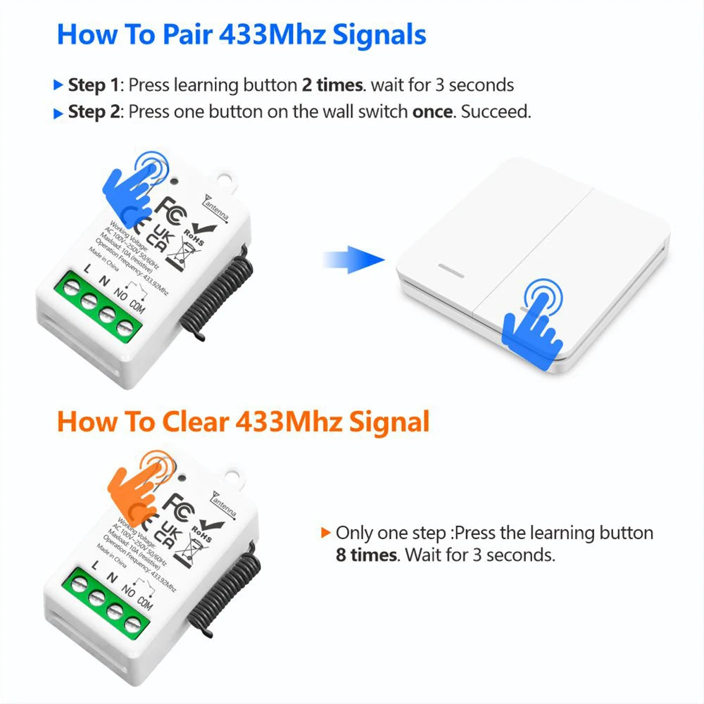 433MHz Smart Light Switch AC 110V 220V Receiver and 1/2/3Gang 86 Wireless Push Button Switch Transmit 50m for Home Improvement
