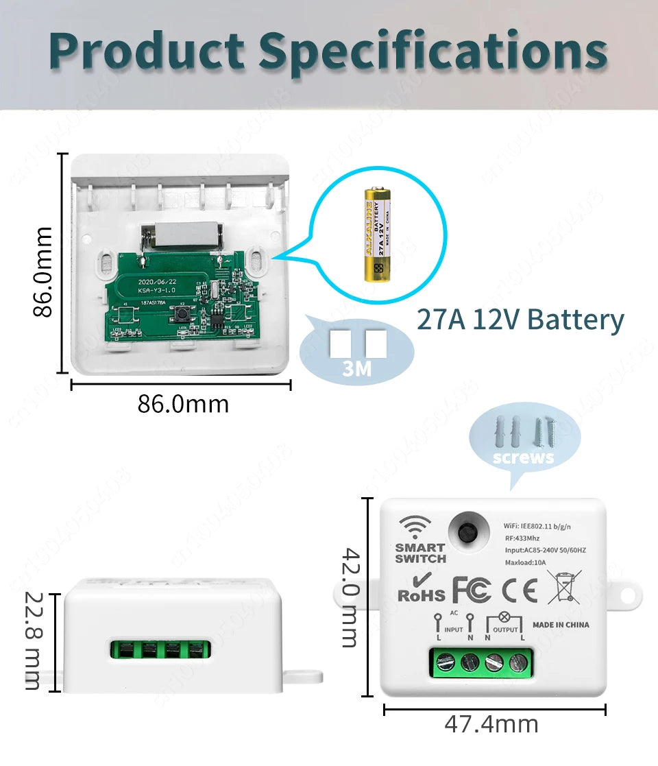 Tuya Smart Home Wifi RF433 Mhz Switch 1/2/3gang Button Switch Strong Signal Wiring-free Remote Control  Works with Alexa Google