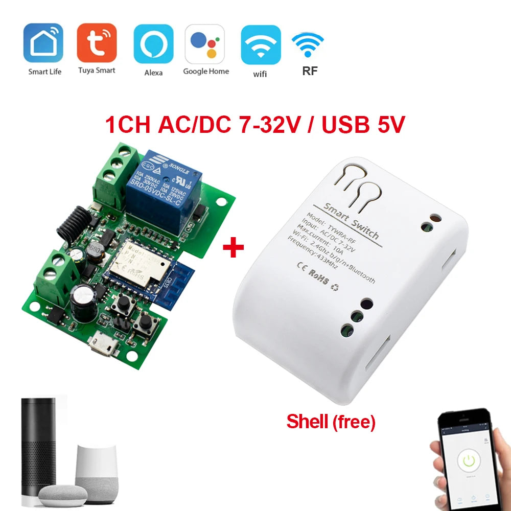 Tuya Smart Wifi Switch Module 12V 32V 220V RF 433 Radio Remote Control 1/2/4 Channels Relay for Alexa Google Home Smart Life