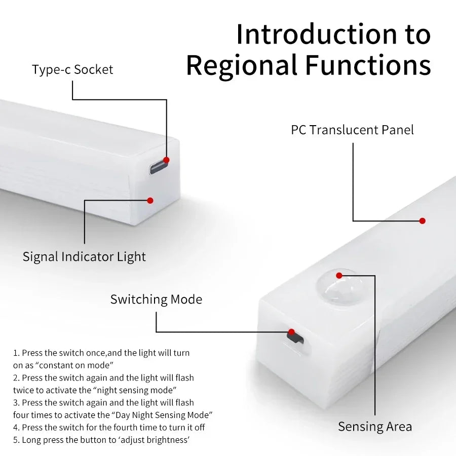 USB Rechargeable LED Motion Sensor Light Strip Magnetic No Drill Installation Under Cabinet Lighting for Closet Kitchen