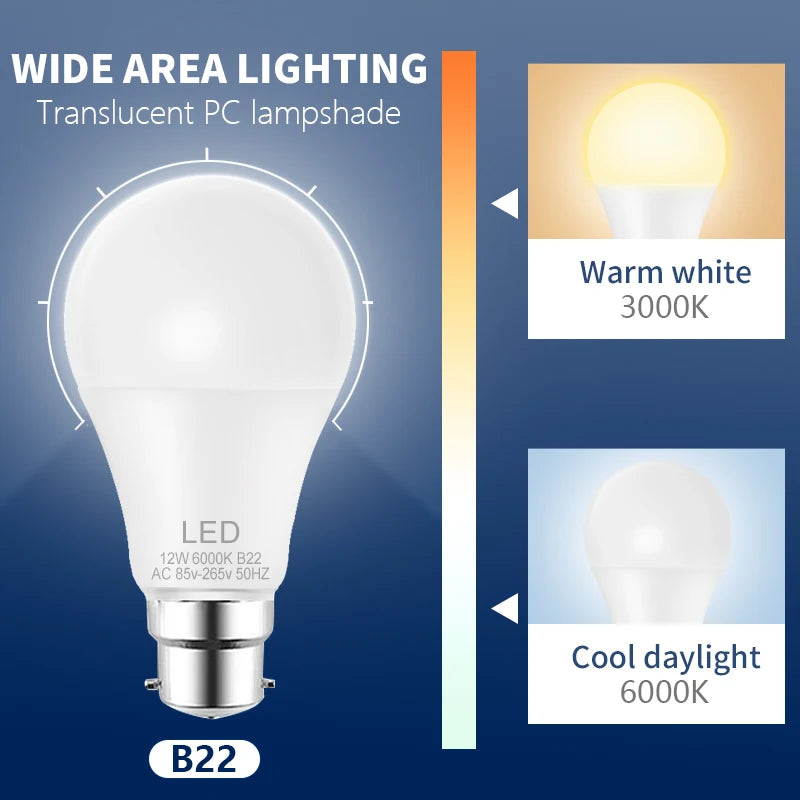 B22 9W 12W LED Bulb Energy Saving AC85-265V LED Lamp Bulb for Living Room Home Kitchen Garage Indoor