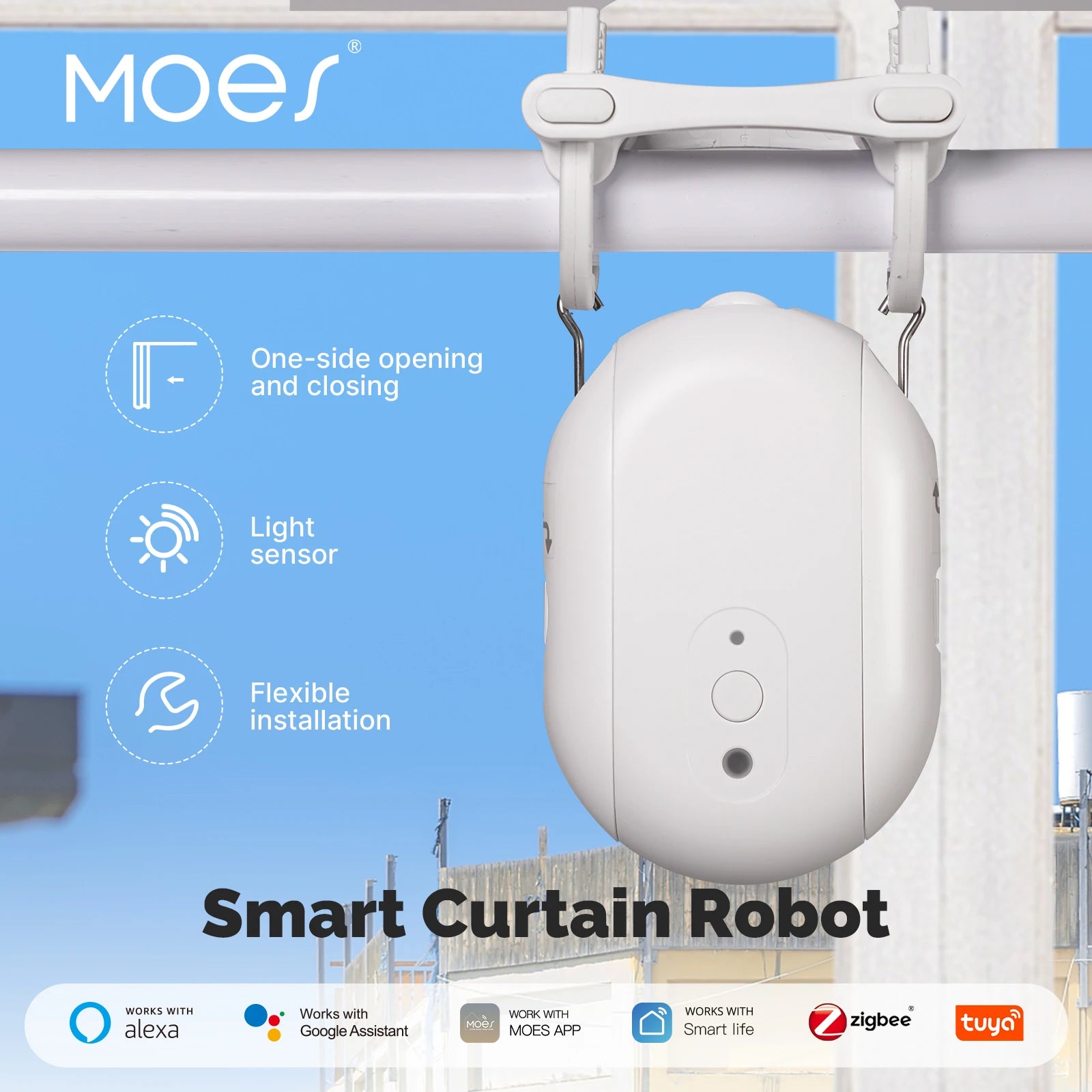 MOES Tuya ZigBee Smart Electric Curtain Robot Timing Auto Opener Closer Light Sensor App Remote Control Support Alexa GoogleHome