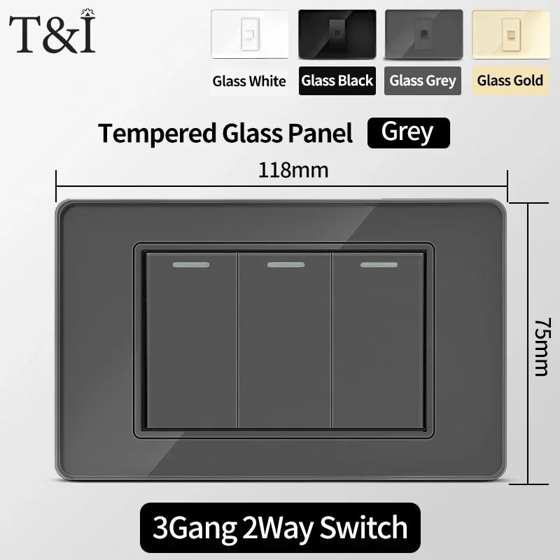 US MexicoSeries Tempered Glass Panel Plate Power Wall Socket USB Type-C Outlet Light Switch 2Way Control Home Office 110V