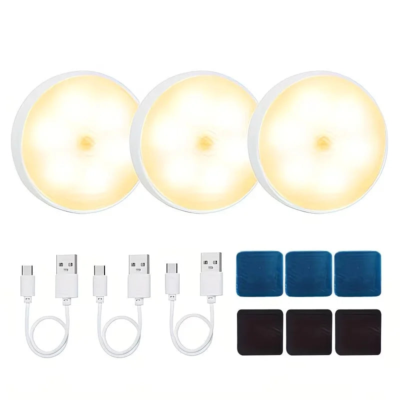 3pcs Motion Sensor Night Light - Wireless LED Detector Lamp for Bedroom, Staircase, Closet, and Room Decor-