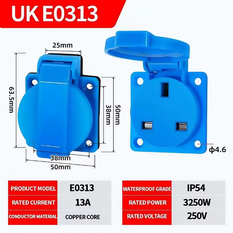 IP54 16A Outdoor Socket with Flip Cover | Euro/UK/BR Plug Waterproof for Garden & Industrial Use - Heavy Duty Explosion-Proof