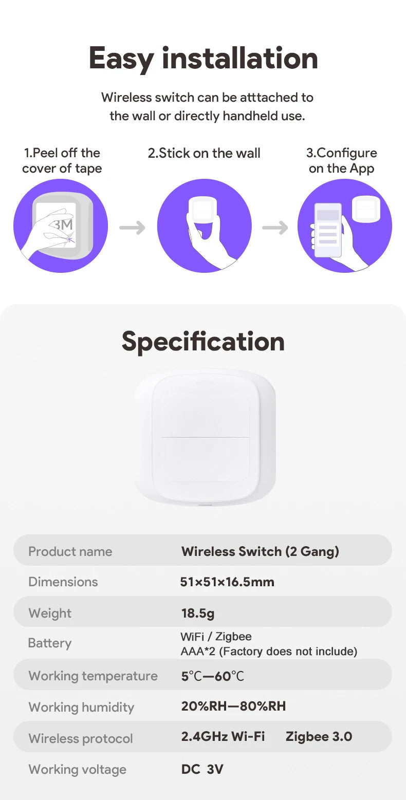 Tuya 2 Gang WiFi/ZigBee Wireless 6 Scene Switch Wall Push Button Controller Automation Control Switch For Smart Life App