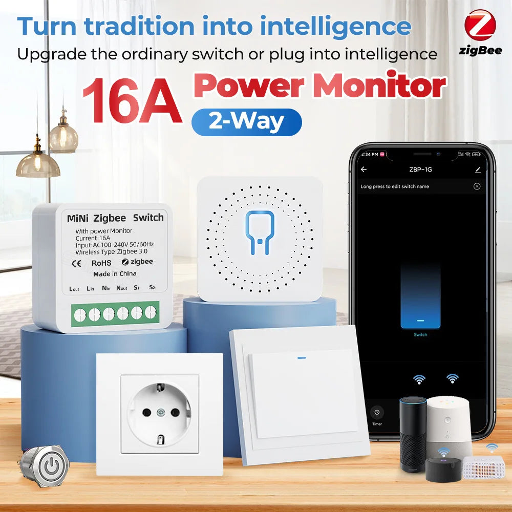 Zigbee / WiFi Smart Switch with Power Monitor 16A Tuya Smart Home Improvement Breaker 2-way Control Voice for Alexa Google Alice