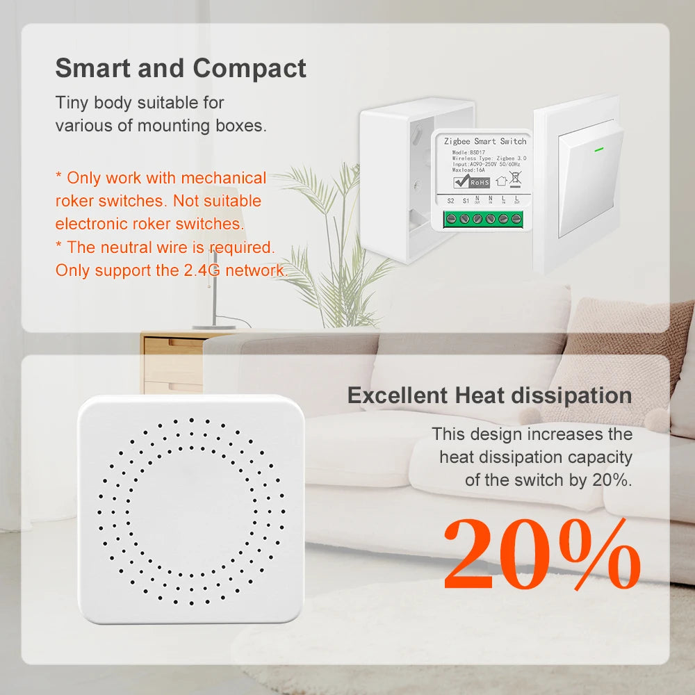 Smart ZigBee3.0 Light Switch Module 16A MiNi DIY Breaker Switch Supports 2 Way Control App Remote Control for Alexa Google Home