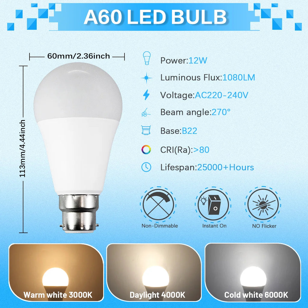 4PCS LED Bulb B22 Lamps 80-100LM/W 3W 8W 9W 12W 15W 18W 24W AC 220V 240V Lampada Light Bulbs LivingRoom Home Indoor LED Bombilla