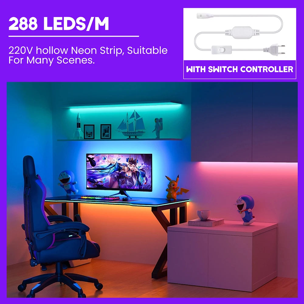 220V Switch COB LED Neon Strip Light 288LED AC EU Power Plug Kit White Pink Red 10 Color Waterproof Flex Tape Home Kitchen Decor