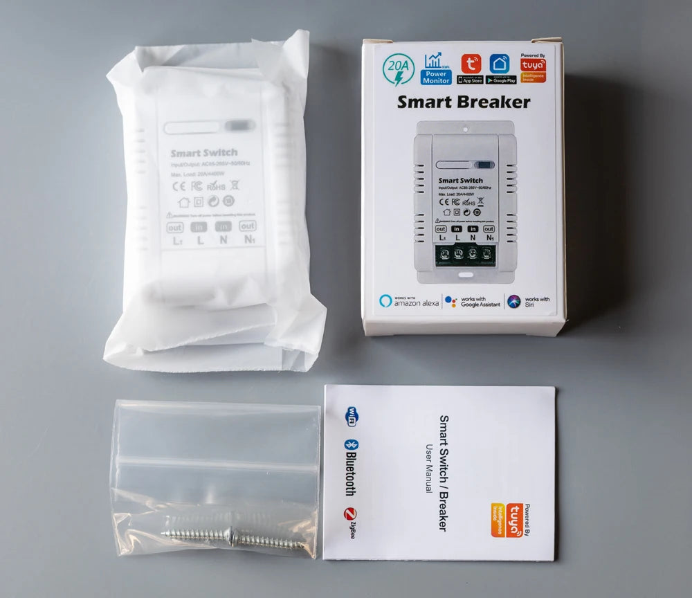 Tuya 20A Smart Switch Circuit Breaker APP Control Power Monitor Overload Protection Works with Alexa Google Home Siri