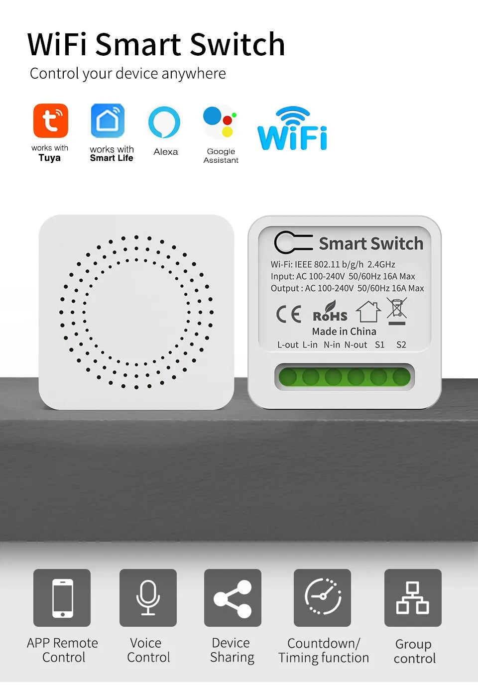 16A Tuya Smart WiFi Switch Support 2-Way DIY Switches Mini Smart Breaker Smart Life Control Support Alexa Google Alice