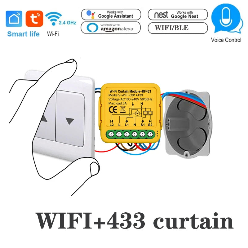 Smart WiFi RF433 Curtain Switch Module Roller Shutter Blind Motor DIY Relay Tuya Smart Life APP Remote Control for Alexa Google