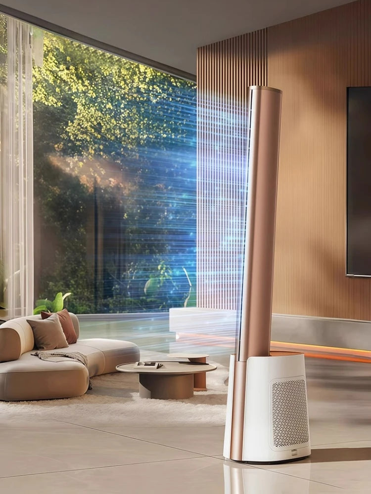 Smart Air Purifier Tower Fan with Cooling Mode - Low Noise Floor Standing AC Bladeless Fan for Whole Room Circulation
