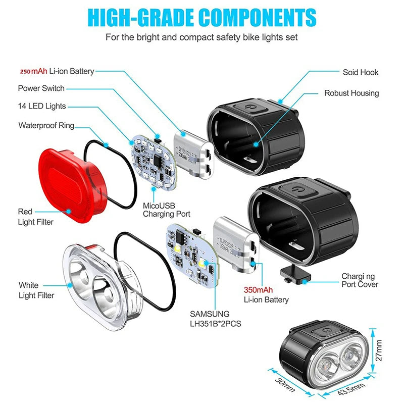 BUCKLOS Bike Light Set Rechargeable Rear Light Front Lamp Waterproof Riding Headlight USB MTB Taillight Led 1PC Cycling Parts