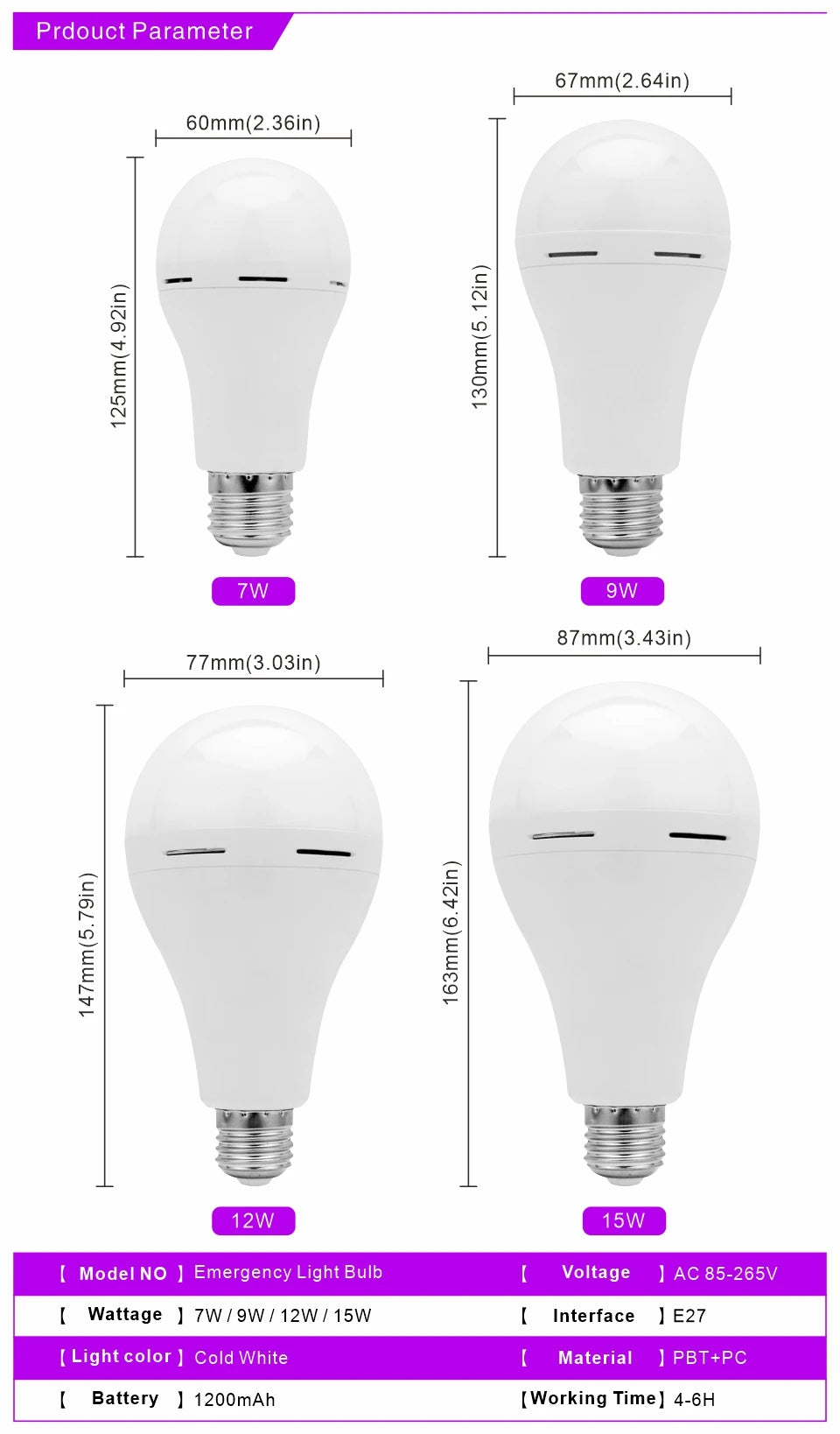 Emergency LED Light Bulb E27 7w 9w 12w 15w Rechargeable 1200mAh Battery 85-265V 110V 220V for Camping Tent Lamp Outdoor Lighting